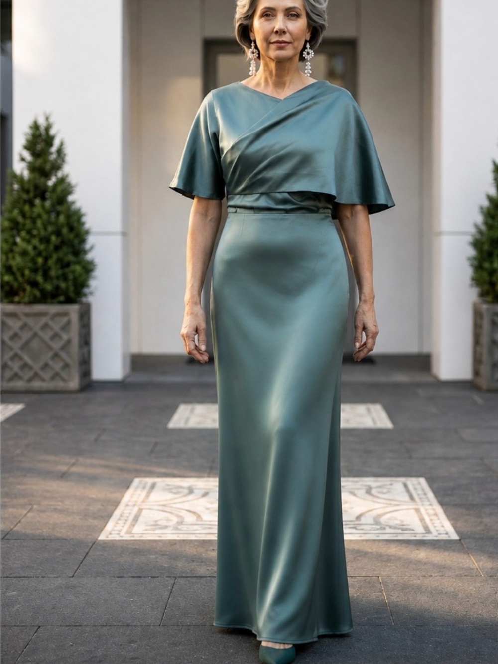Satin Green Evening Gown with Drape Sleeve